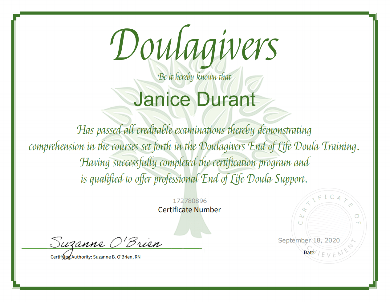 Doulagivers End of Life Doula Training Certificate Awarded to Janice Durant