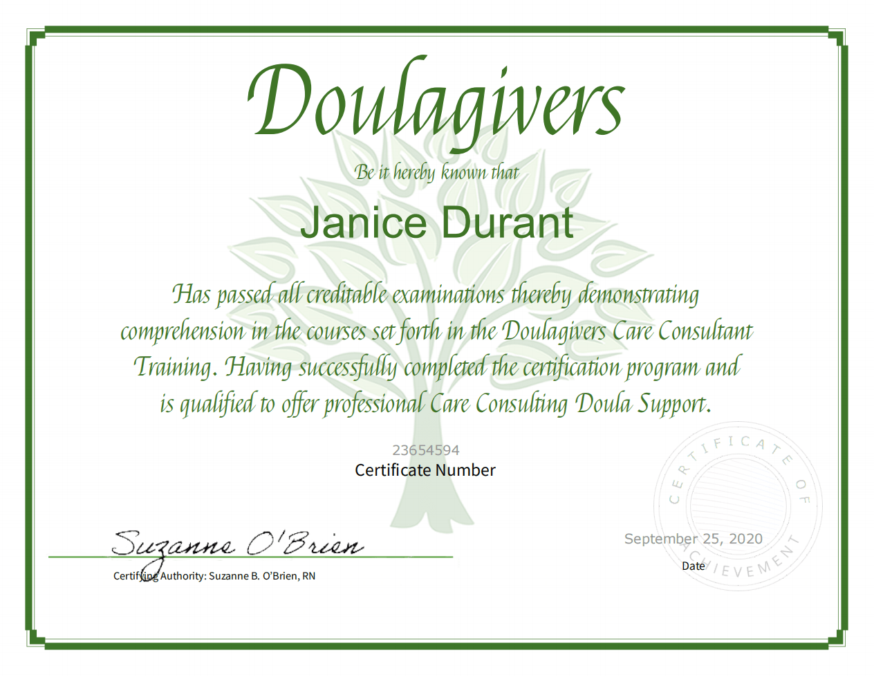 Doulagivers Care Consultant Certificate Awarded to Janice Durant