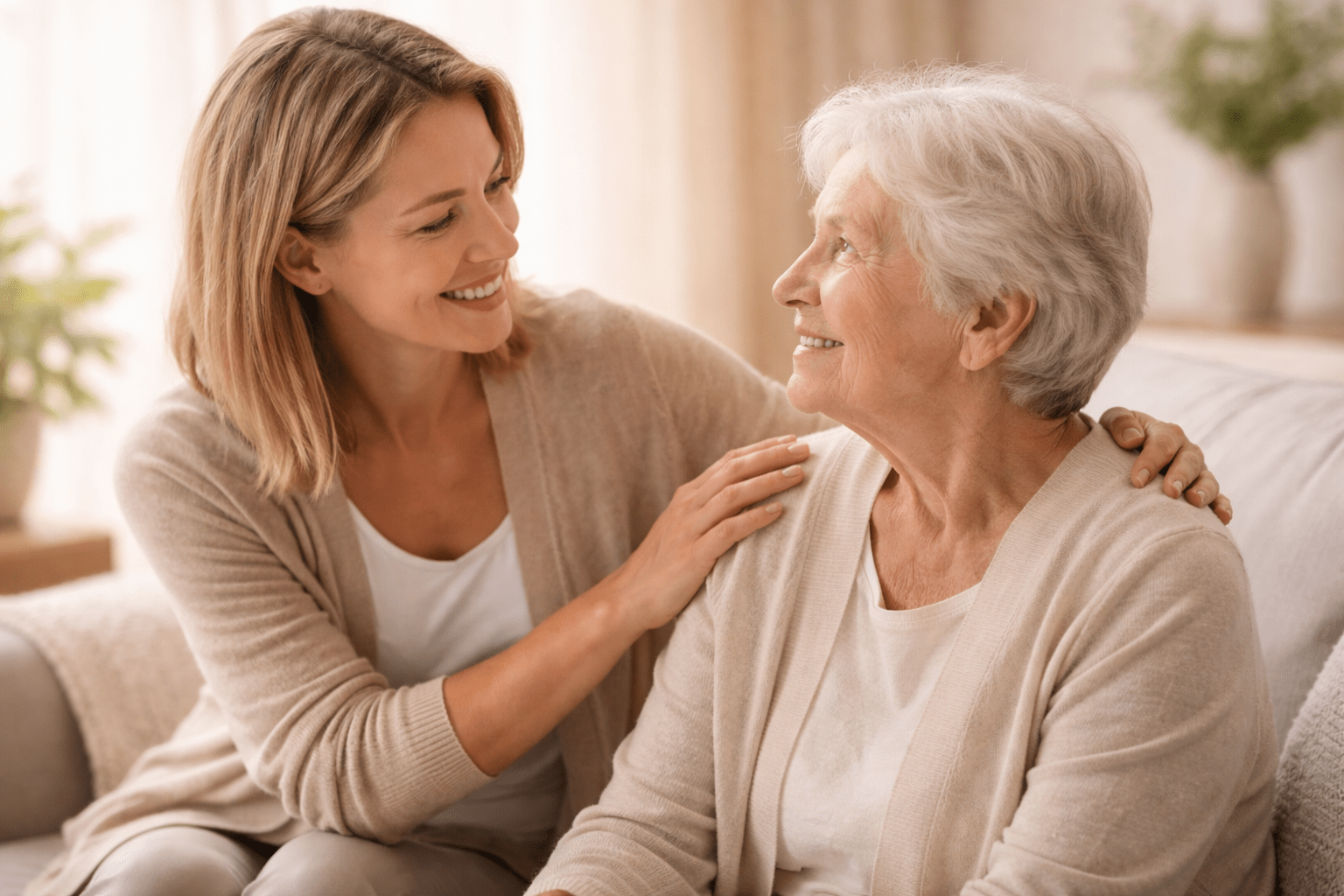 Caregiver Smiling While Speaking with an Elderly Woman Indoors