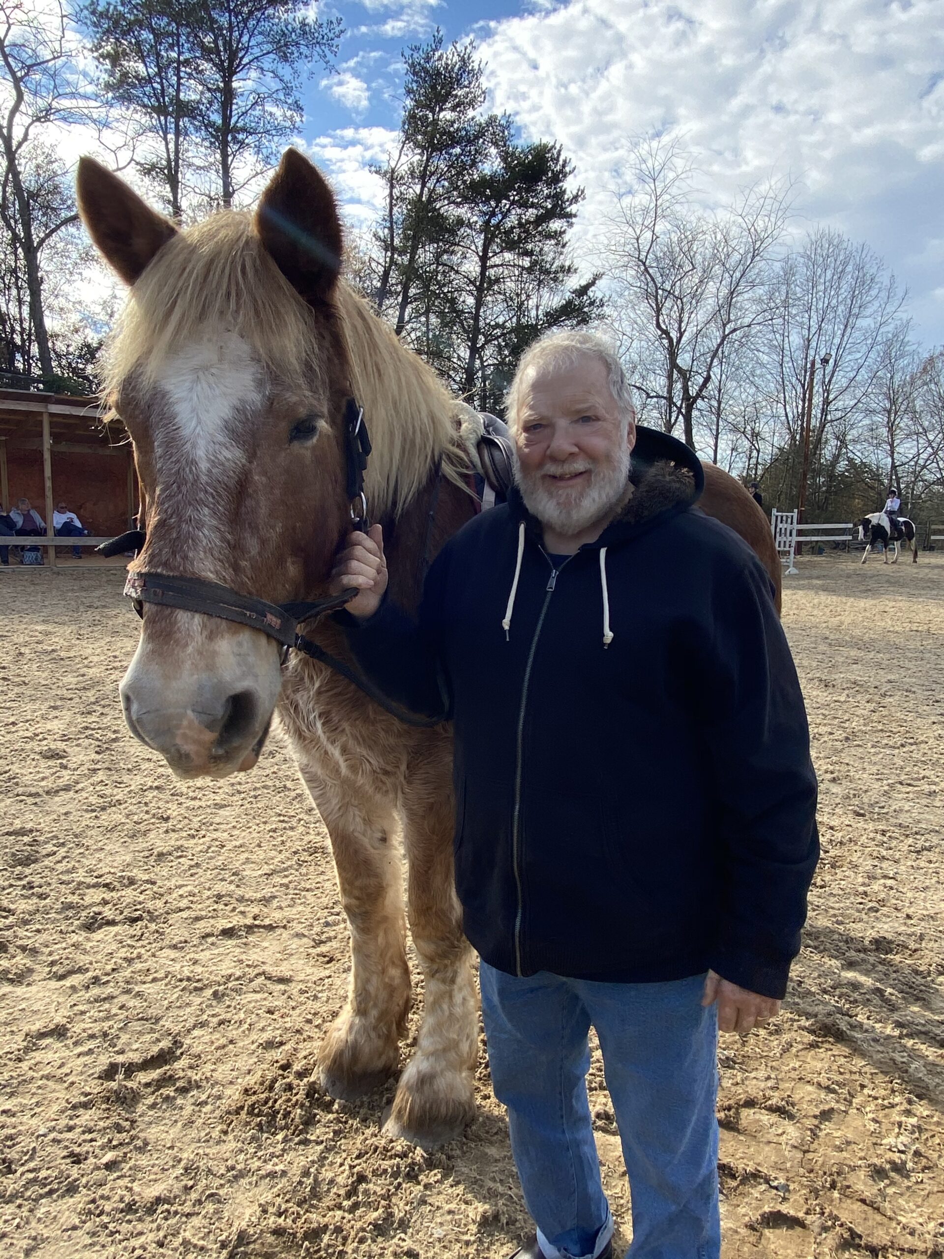 Man Standing Beside a Horse Outdoors on a Sunny Day